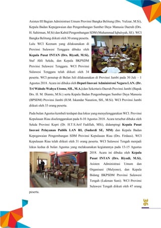 36
Asisten III Bagian Administrasi Umum Provinsi Bangka Belitung (Drs. Yulizar, M.Si),
Kepala Badan Kepegawaian dan Pengembangan Sumber Daya Manusia Daerah (Drs.
H. Sahirman, M.Si) dan Kabid Pengembangan SDM (Muhammad Iqbalsyah, SE). WCI
Bangka Belitung diikuti oleh 30 orang peserta.
Lalu WCI Keenam yang dilaksanakan di
Provinsi Sulawesi Tenggara dibuka oleh
Kepala Pusat INTAN (Drs. Riyadi, M.Si),
Staf Ahli Sekda, dan Kepala BKPSDM
Provinsi Sulawesi Tenggara. WCI Provinsi
Sulawesi Tenggara telah diikuti oleh 34
peserta. WCI penutup di Bulan Juli dilaksanakan di Provinsi Jambi pada 30 Juli – 1
Agustus 2018. Acara ini dibuka oleh Deputi Inovasi Administrasi Negara LAN. (Dr.
Tri Widodo Wahyu Utomo, SH., M.A.) dan Sekertaris Daerah Provinsi Jambi (Bapak
Drs. H. M. Dianto, M.Si.) serta Kepala Badan Pengembangan Sumber Daya Manusia
(BPSDM) Provinsi Jambi (H.M. Iskandar Nasution, SH., M.Si). WCI Provinsi Jambi
diikuti oleh 33 orang peserta.
Pada bulan Agustus kembali terdapat dua lokus yang menyelenggarakan WCI. Provinsi
Kepulauan Riau diselenggarakan pada 8-10 Agustus 2018. Acara tersebut dibuka oleh
Sekda Provinsi Kepri (Dr. H.T.S.Arif Fadillah, MSi), didampingi Kepala Pusat
Inovasi Pelayanan Publik LAN RI, (Sudardi SE, MM) dan Kepala Badan
Kepegawaian Pengembangan SDM Provinsi Kepulauan Riau (Drs. Firdaus). WCI
Kepulauan Riau telah diikuti oleh 31 orang peserta. WCI Sulawesi Tengah menjadi
lokus kedua di bulan Agustus yang melaksanakan kegiatannya pada 13-15 Agustus
2018. Acara ini dibuka oleh Kepala
Pusat INTAN (Drs. Riyadi, M.Si),
Asisten Administrasi Umum dan
Organisasi (Mulyono), dan Kepala
Bidang BKPSDM Provinsi Sulawesi
Tengah (Lukman Suni). WCI Provinsi
Sulawesi Tengah diikuti oleh 47 orang
peserta.
 