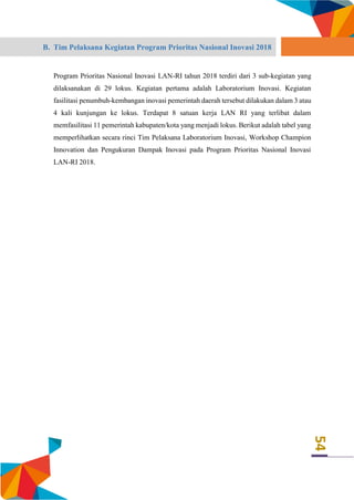 54
B. Tim Pelaksana Kegiatan Program Prioritas Nasional Inovasi 2018
Program Prioritas Nasional Inovasi LAN-RI tahun 2018 terdiri dari 3 sub-kegiatan yang
dilaksanakan di 29 lokus. Kegiatan pertama adalah Laboratorium Inovasi. Kegiatan
fasilitasi penumbuh-kembangan inovasi pemerintah daerah tersebut dilakukan dalam 3 atau
4 kali kunjungan ke lokus. Terdapat 8 satuan kerja LAN RI yang terlibat dalam
memfasilitasi 11 pemerintah kabupaten/kota yang menjadi lokus. Berikut adalah tabel yang
memperlihatkan secara rinci Tim Pelaksana Laboratorium Inovasi, Workshop Champion
Innovation dan Pengukuran Dampak Inovasi pada Program Prioritas Nasional Inovasi
LAN-RI 2018.
 