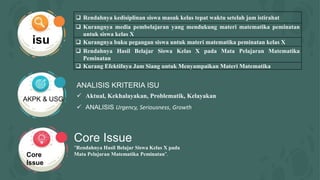 isu
AKPK & USG
Core
Issue
Core Issue
“Rendahnya Hasil Belajar Siswa Kelas X pada
Mata Pelajaran Matematika Peminatan”.
 Rendahnya kedisiplinan siswa masuk kelas tepat waktu setelah jam istirahat
 Kurangnya media pembelajaran yang mendukung materi matematika peminatan
untuk siswa kelas X
 Kurangnya buku pegangan siswa untuk materi matematika peminatan kelas X
 Rendahnya Hasil Belajar Siswa Kelas X pada Mata Pelajaran Matematika
Peminatan
 Kurang Efektifnya Jam Siang untuk Menyampaikan Materi Matematika
ANALISIS KRITERIA ISU
 Aktual, Kekhalayakan, Problematik, Kelayakan
 ANALISIS Urgency, Seriousness, Growth
 