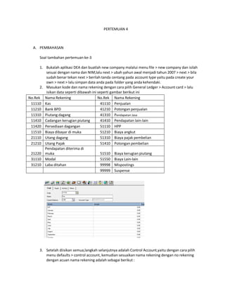 PERTEMUAN 4



  A. PEMBAHASAN

      Soal tambahan pertemuan ke-3

      1. Bukalah aplikasi DEA dan buatlah new company malalui menu file > new company dan isilah
          sesuai dengan nama dan NIM,lalu next > ubah yahun awal menjadi tahun 2007 > next > bila
          sudah benar tekan next > berilah tanda centang pada account type yaitu pada create your
          own > next > lalu simpan data anda pada folder yang anda kehendaki.
      2. Masukan kode dan nama rekening dengan cara pilih General Ledger > Account card > lalu
          isikan data seperti dibawah ini seperti gambar berikut ini
No.Rek Nama Rekening                      No.Rek Nama Rekening
 11110 Kas                                  41110 Penjualan
 11210 Bank BPD                             41210 Potongan penjualan
 11310 Piutang dagang                       41310 Pendapatan Jasa
 11410 Cadangan kerugian piutang            41410 Pendapatan lain-lain
 11420 Persediaan dagangan                  51110 HPP
 11510 Biaya dibayar di muka                51210 Biaya angkut
 21110 Utang dagang                         51310 Biaya pajak pembelian
 21210 Utang Pajak                          51410 Potongan pembelian
         Pendapatan diterima di
 21220 muka                                 51510 Biaya kerugian piutang
 31110 Modal                                51550 Biaya Lain-lain
 31210 Laba ditahan                         99998 Mispostings
                                            99999 Suspense




      3. Setelah diisikan semua,langkah selanjutnya adalah Control Account,yaitu dengan cara pilih
         menu defaults > control account, kemudian sesuaikan nama rekening dengan no rekening
         dengan acuan nama rekening adalah sebagai berikut :
 
