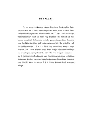 HASIL ANALISIS
Secara umum pelaksanaan layanan bimbingan dan konseling dalam
Memilih Arah Karier yang Sesuai dengan Bakat dan Minat termasuk dalam
kategori kuat dengan nilai prosentase rata-rata 77,60%. Para siswa dapat
memahami materi bakat dan minat yang diberikan serta manfaat dari hasil
layanan yang telah dilaksanakan terhadap pengembangan bakat dan minat
yang dimiliki serta pilihan arah kariernya dengan baik. Hal ini terlihat pada
kategori item nomor 1, 2, 4, 5, 7 dan 8 yang memperoleh kategori sangat
kuat dan kuat. Selain itu minat siswa dalam mengikuti layanan bimbingan
dan konseling selanjutnya kuat. Hal ini terlihat pada kategori item nomor 14
dan 15 yang memperoleh kategori kuat. Selanjutnya para siswa perlu diberi
pemahaman kembali mengenai peran lingkungan terhadap bakat dan minat
yang dimiliki. (item pertanyaan 3 & 6 dengan kategori hasil prosentase
cukup).
 