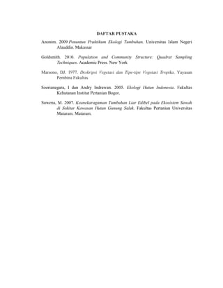 DAFTAR PUSTAKA
Anonim. 2009 Penuntun Praktikum Ekologi Tumbuhan. Universitas Islam Negeri
Alauddin. Makassar
Goldsmith. 2010. Population and Community Structure: Quadrat Sampling
Techniques. Academic Press. New York
Marsono, DJ. 1977. Deskripsi Vegetasi dan Tipe-tipe Vegetasi Tropika. Yayasan
Pembina Fakultas
Soerianegara, I dan Andry Indrawan. 2005. Ekologi Hutan Indonesia. Fakultas
Kehutanan Institut Pertanian Bogor.
Suwena, M. 2007. Keanekaragaman Tumbuhan Liar Edibel pada Ekosistem Sawah
di Sekitar Kawasan Hutan Gunung Salak. Fakultas Pertanian Universitas
Mataram. Mataram.
 