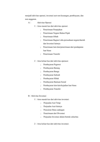 menjadi aktivitas operasi, investasi aset non keuangan, pembiayaan, dan
non anggaran.
   A            Aktivitas Operasi
           1    Arus masuk kas dari aktivitas operasi:
                   ;    Penerimaan Perpajakan
                   ;    Penerimaan Negara Bukan Pajak
                   ;    Penerimaan Hibah
                   ;    Penerimaan Bagian Laba perusahaan negara/daerah
                        dan Investasi lainnya
                   ;    Penerimaan lain-lain/penerimaan dari pendapatan
                        luar biasa
                   ;    Penerimaan Transfer


           2    Arus keluar kas dari aktivitas operassi:
                    ;   Pembayaran Pegawai
                    ;   Pembayaran Barang
                    ;   Pembayaran Bunga
                    ;   Pembayaran Subsidi
                    ;   Pembayaran Hibah
                    ;   Pembayaran Bantuan Sosial
                    ;   Pembayaran lain-lain/kejadian luar biasa
                    ;   Pembayaran Transfer


   B Aktivitas Investasi
           1    Arus masuk kas dari aktivitas investasi:
                    ;   Penjualan Aset Tetap
                    ;   Penjualan Aset lainnya
                    ;   Pencairan Dana cadangan
                    ;   Penerimaan dari Divestasi
                    ;   Penjualan Investasi dalam bentuk sekuritas


           2    Arus keluar kas dari aktivitas investasi:
 