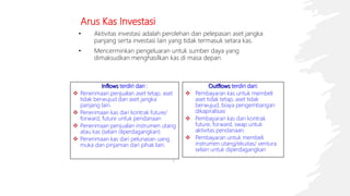 Arus Kas Investasi
• Aktivitas investasi adalah perolehan dan pelepasan aset jangka
panjang serta investasi lain yang tidak termasuk setara kas.
• Mencerminkan pengeluaran untuk sumber daya yang
dimaksudkan menghasilkan kas di masa depan
Outflows terdiri dari:
 Pembayaran kas untuk membeli
aset tidak tetap, aset tidak
berwujud, biaya pengembangan
dikapiralisasi
 Pembayaran kas dari kontrak
future, forward, swap untuk
aktivitas pendanaan.
 Pembayaran untuk membeli
instrumen utang/ekuitas/ ventura
selain untuk diperdagangkan
Inflows terdiri dari :
 Penerimaan penjualan aset tetap, aset
tidak berwujud dan aset jangka
panjang lain.
 Penerimaan kas dari kontrak future/
forward, future untuk pendanaan
 Penerimaan penjualan instrumen utang
atau kas (selain diperdagangkan)
 Penerimaan kas dari pelunasan uang
muka dan pinjaman dari pihak lain.
11
 