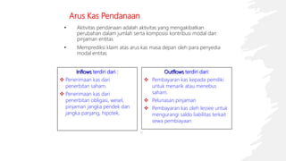 Arus Kas Pendanaan
• Aktivitas pendanaan adalah aktivitas yang mengakibatkan
perubahan dalam jumlah serta komposisi kontribusi modal dan
pinjaman entitas
• Memprediksi klaim atas arus kas masa depan oleh para penyedia
modal entitas
Outflows terdiri dari:
 Pembayaran kas kepada pemiliki
untuk menarik atau menebus
saham.
 Pelunasan pinjaman
 Pembayaran kas oleh lessee untuk
mengurangi saldo liabilitas terkait
sewa pembiayaan
Inflows terdiri dari :
 Penerimaan kas dari
penerbitan saham.
 Penerimaan kas dari
penerbitan obligasi, wesel,
pinjaman jangka pendek dan
jangka panjang, hipotek,
12
 