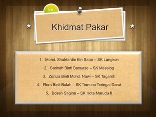 Text




        Khidmat Pakar


 1. Mohd. Shahfardie Bin Satar – SK Langkon

    2. Sarinah Binti Banuase – SK Masalog

   3. Zuniza Binti Mohd. Nawi – SK Tagaroh

4. Flora Binti Bulah – SK Temuno Teringai Darat

    5. Boseh Sagina – SK Kota Marudu II
 
