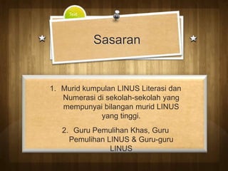 Text




            Sasaran


1. Murid kumpulan LINUS Literasi dan
   Numerasi di sekolah-sekolah yang
   mempunyai bilangan murid LINUS
             yang tinggi.
   2. Guru Pemulihan Khas, Guru
     Pemulihan LINUS & Guru-guru
                LINUS
 