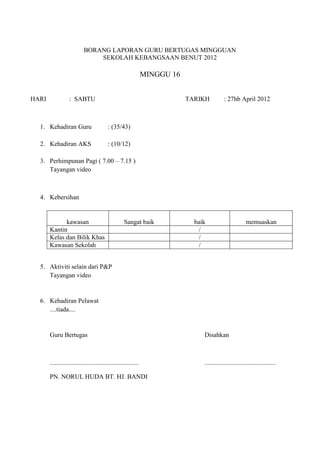 BORANG LAPORAN GURU BERTUGAS MINGGUAN
SEKOLAH KEBANGSAAN BENUT 2012
MINGGU 16
HARI : SABTU TARIKH : 27hb April 2012
1. Kehadiran Guru : (35/43)
2. Kehadiran AKS : (10/12)
3. Perhimpunan Pagi ( 7.00 – 7.15 )
Tayangan video
4. Kebersihan
kawasan Sangat baik baik memuaskan
Kantin /
Kelas dan Bilik Khas /
Kawasan Sekolah /
5. Aktiviti selain dari P&P
Tayangan video
6. Kehadiran Pelawat
....tiada....
Guru Bertugas Disahkan
....................................................... ............................................
PN. NORUL HUDA BT. HJ. BANDI
 