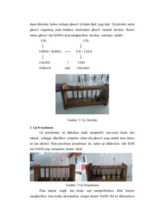 dapat diketahui bahwa terdapat gliserol di dalam lipid yang diuji. Uji akrolein untuk
gliserol tergantung pada dehidrasi danoksidasi gliserol menjadi akrolein. Reaksi
antara gliserol dan KHSO4 akan menghasilkan akrolein, reaksinya adalah :
CH2 CH2
│ │
CHOH + KHSO4 ─→ CH + 2 H2O
│ │
CH2OH ↑ CHO
(Gliserol) (api) (Akrolein)
Gambar 2. Uji Akrolein
3. Uji Penyabunan
Uji penyabunan ini dilakukan untuk mengambil sam-asam lemak dari
minyak, sehingga dihasilkan campuran sabun dan gliserol yang mudah larut dalam
air dan alkohol. Pada percobaan penyabunan ini, nahan uji dihidrolisis oleh KOH
dan NaOH yang merupakan larutan alkali.
Gambar 3 Uji Penyabunan
Pada minyak tengik dan lemak sapi memperlihatkan lebih banyak
menghasilkan busa ketika dicampurkan dengan larutan NaOH. Hal ini dikarenakan
 