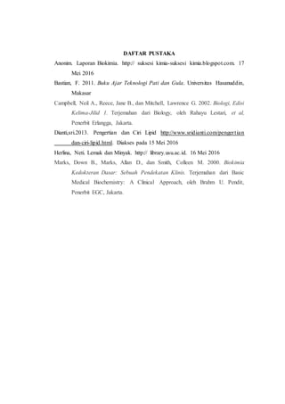 DAFTAR PUSTAKA
Anonim. Laporan Biokimia. http:// suksesi kimia-suksesi kimia.blogspot.com. 17
Mei 2016
Bastian, F. 2011. Buku Ajar Teknologi Pati dan Gula. Universitas Hasanuddin,
Makasar
Campbell, Neil A., Reece, Jane B., dan Mitchell, Lawrence G. 2002. Biologi, Edisi
Kelima-Jilid 1. Terjemahan dari Biology, oleh Rahayu Lestari, et al,
Penerbit Erlangga, Jakarta.
Dianti,sri.2013. Pengertian dan Ciri Lipid http://www.sridianti.com/pengertian
dan-ciri-lipid.html. Diakses pada 15 Mei 2016
Herlina, Neti. Lemak dan Minyak. http:// library.usu.ac.id. 16 Mei 2016
Marks, Down B., Marks, Allan D., dan Smith, Colleen M. 2000. Biokimia
Kedokteran Dasar: Sebuah Pendekatan Klinis. Terjemahan dari Basic
Medical Biochemistry: A Clinical Approach, oleh Brahm U. Pendit,
Penerbit EGC, Jakarta.
 