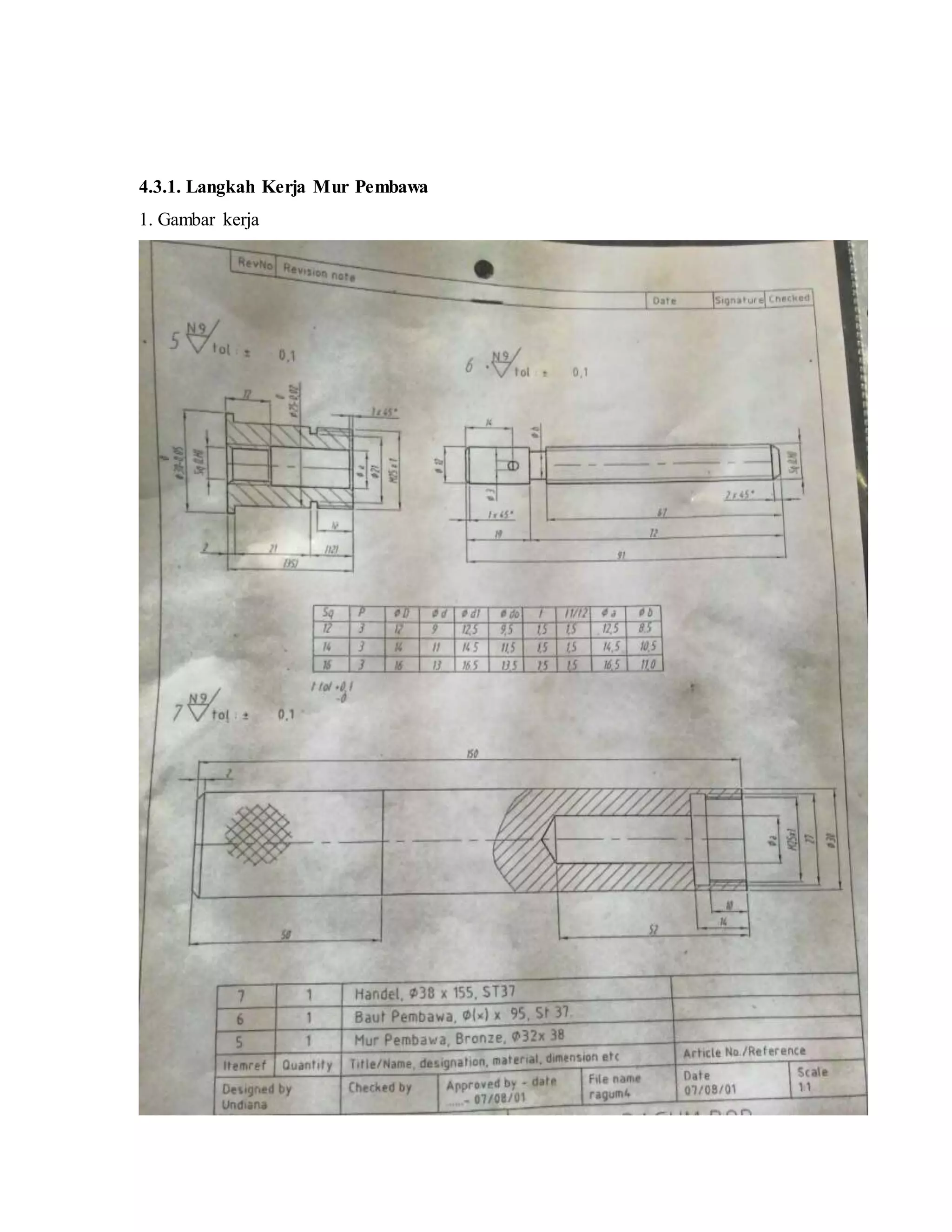 4.3.1. Langkah Kerja Mur Pembawa
1. Gambar kerja
 