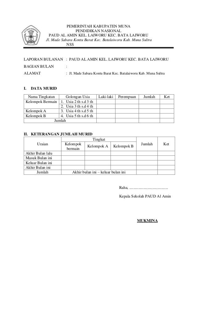 Contoh Laporan Bulanan Tk Paud Seputar Laporan