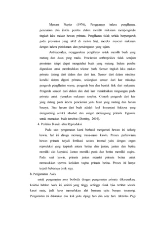 Menurut Napier (1976), Penggunaan indera penglihatan,
penciuman dan indera peraba dalam memilih makanan mempengaruhi
tingkah laku makan hewan primata. Penglihatan tidak terlalu berpengaruh
pada prosimian yang aktif di malam hari, mereka mencari makanan
dengan indera penciuman dan pendengaran yang tajam.
Anthropoidea, menggunakan penglihatan untuk memilih buah yang
matang dan daun yang muda. Penciuman anthropoidea tidak setajam
prosimian tetapi dapat mengetahui buah yang matang. Indera peraba
digunakan untuk membedakan tekstur buah. Sensor tingkah laku makan
primata datang dari dalam dan dari luar. Sensor dari dalam misalnya
kondisi sistem digesti primata, sedangkan sensor dari luar misalnya
pengaruh penglihatan warna, pengaruh bau dan bentuk fisik dari makanan.
Pengaruh sensori dari dalam dan dari luar menimbulkan rangsangan pada
primata untuk memakan makanan tersebut. Contoh pengaruh dari luar
yang datang pada indera penciuman yaitu buah yang matang dan harum
baunya. Bau harum dari buah adalah hasil fermentasi fruktosa yang
mengandung sedikit alkohol dan sangat merangsang primata friguvora
untuk memakan buah tersebut (Dominy, 2001).
4. Perilaku Kawin atau Reproduksi
Pada saat pengamatan kami berhasil mengamati hewan ini sedang
kawin, hal ini disuga memang masa-masa kawin. Proses perkawinan
hewan primata terjadi fertilisasi secara internal yaitu dengan organ
reproduksi yang terpisah antara betina dan jantan, jantan dan betina
memiliki alat kopulasi. Jantan memiliki penis dan betina memiliki vagina.
Pada saat kawin, primata jantan menaiki primata betina untuk
memasukkan sperma kedalam vagina primata betina. Proses ini hanya
terjadi beberapa detik saja.
b. Pengamatan Aves
untuk pengamatan aves berbeda dengan pengamatan primata dikarenakan,
kondisi habitat Aves ini sendiri yang tinggi, sehingga tidak bisa terlihat secara
kasat mata, jadi harus memerlukan alat bantuan yaitu berupa teropong.
Pengamatan ini dilakukan dua kali yaitu dipagi hari dan sore hari. Aktivitas Pagi
 