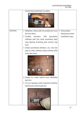 ELEKTRIK DAN ELEKTRONIK
                                                                     VET 3063

            terminal bumi pada kotak suiz agihan.




SELEPAS   1. Melakukan cubaan pada litar pendawaian kuasa  Semua pelajar
            dan litar cahaya.                                  bekerjasama semasa
          2. Langkah      seterusnya,   ialah    pemerhatian   menjalankan tugas.
            dilakukan pada litar untuk memastikan kabel
            yang dipasang disambung pada terminal yang
            betul.
          3. Selepas pemerhatian dilakukan, suis, soket dan
            juga ros siling diskrukan supaya kelihatan lebih
            kemas dan teratur.




          4. Selepas itu, sumber bekalan kuasa dibekalkan
            pada litar.
          5. Test pen digunakan untuk mengetahui kehadiran
            bekalan kuasa elektrik pada litar.




                                                                           11
 
