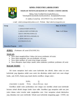 KIMIA INDUSTRI LABORATORY
SEKOLAH MENENGAH KEJURUAN NEGERI 1 CERME GRESIK
Bidang Study KeahlianTeknologidanRekayasa,
TeknologiInformasidanKomunikasidanSeni, KerajinandanPariwisata
Jl. JuritKec.CermeTelp. (031)7992471 Fax. (031)7994569
e-mail : smkn1cermegresik@yahoo.co.id ; Website : http://smkn1cermegresik.com
JUDUL : Pembuatan etil asetat (CH3COOC2H5)
TUJUAN:
 Siswa dapat mengidentifikasi bahaya dari proses pembuatan etil asetat.
 Siswa dapat mengetahui tata cara pembuatan etil asetat.
 Siswa dapat membuat etil asetat sesuai dengan prosedur.
 Siswa diharapkan dapat belajar mandiri dalam melakukan praktikum pembuatan etil asetat
DASAR TEORY :
Etil Asetat merupakan hasil reaksi asam karboksilat dan alkohol, dalam reaksi ini asam
karboksilat yang digunakan adalah asam asetat dan alkoholnya adalah etanol serta asam sebagai
katalis, yaitu H2SO4. Reaksi yang terjadi disebut esterifikasi dengan reaksi :
H2SO4 O
CH3COOH + C2H5OH CH3-C-O-C2H5 + H2O
Esterifikasi adalah reaksi pembentukan ester dengan cara merefluks sebuah asam karboksilat
bersama sebuah alkohol dengan katalis Asam sulfat. Esterifikasi juga merupakan salah satu jenis
reaksi dimana reaksi tersebut untuk menghasilkan ester. Ester merupakan sebuah hidrokarbon
yang diturunkan dari asam karboksilat. Sebuah asam karboksilat mengandung gugus –COOH, dan
Group : Kelompok5 Date:20 /09/2013
1.AHMAD FERIYANTO (3)
2.ARIK KUSDIYANTORO (10) Time: 4 x45 Minute
3.BAYU DWI PRATONO (12)
4. DESY DWI WULANDARI (13)
5. DEWI AMALIA (14)
6.FATMAWATI (25)
Education Program : MPD
 