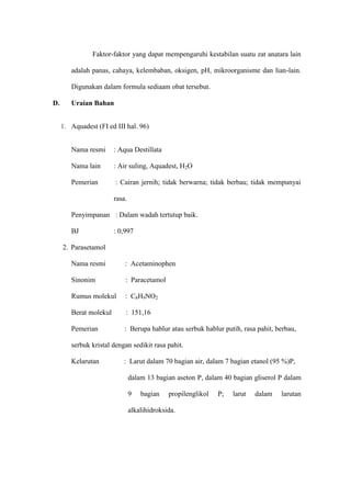 Faktor-faktor yang dapat mempengaruhi kestabilan suatu zat anatara lain
adalah panas, cahaya, kelembaban, oksigen, pH, mikroorganisme dan lian-lain.
Digunakan dalam formula sediaam obat tersebut.
D. Uraian Bahan
1. Aquadest (FI ed III hal. 96)
Nama resmi : Aqua Destillata
Nama lain : Air suling, Aquadest, H2O
Pemerian : Cairan jernih; tidak berwarna; tidak berbau; tidak mempunyai
rasa.
Penyimpanan : Dalam wadah tertutup baik.
BJ : 0,997
2. Parasetamol
Nama resmi : Acetaminophen
Sinonim : Paracetamol
Rumus molekul : C8H9NO2
Berat molekul : 151,16
Pemerian : Berupa hablur atau serbuk hablur putih, rasa pahit, berbau,
serbuk kristal dengan sedikit rasa pahit.
Kelarutan : Larut dalam 70 bagian air, dalam 7 bagian etanol (95 %)P,
dalam 13 bagian aseton P, dalam 40 bagian gliserol P dalam
9 bagian propilenglikol P; larut dalam larutan
alkalihidroksida.
 