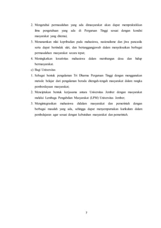 7
2. Mengetahui permasalahan yang ada dimasyarakat akan dapat mempraktekkan
ilmu pengetahuan yang ada di Perguruan Tinggi sesuai dengan kondisi
masyarakat yang ditemui;
3. Menanamkan nilai kepribadian pada mahasiswa, nasionalisme dan jiwa pancasila
serta dapat bertindak ulet, dan bertanggungjawab dalam menyelesaikan berbagai
permasalahan masyarakat secara tepat;
4. Meningkatkan kreativitas mahasiswa dalam membangun desa dan hidup
bermasyarakat.
c) Bagi Universitas
1. Sebagai bentuk pengalaman Tri Dharma Perguruan Tinggi dengan menggunakan
metode belajar dari pengalaman berada ditengah-tengah masyarakat dalam rangka
pemberdayaan masyarakat;
2. Menciptakan bentuk kerjasama antara Universitas Jember dengan masyarakat
melalui Lembaga Pengabdian Masyarakat (LPM) Universitas Jember;
3. Mengintegrasikan mahasiswa didalam masyarakat dan pemerintah dengan
berbagai masalah yang ada, sehingga dapat menyempurnakan kurikulum dalam
pembelajaran agar sesuai dengan kebutuhan masyarakat dan pemerintah.
 