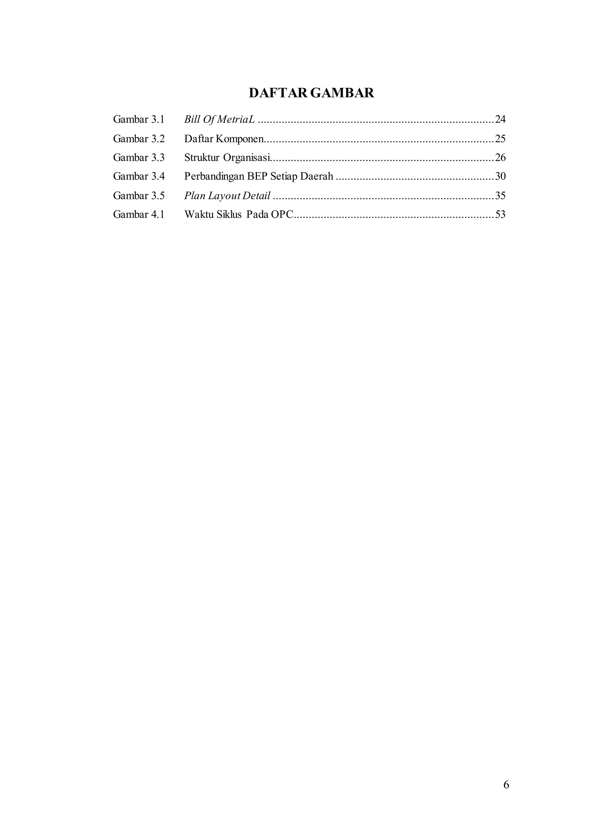6
DAFTAR GAMBAR
Gambar 3.1 Bill Of MetriaL ...............................................................................24
Gambar 3.2 Daftar Komponen.............................................................................25
Gambar 3.3 Struktur Organisasi...........................................................................26
Gambar 3.4 Perbandingan BEP Setiap Daerah .....................................................30
Gambar 3.5 Plan Layout Detail ..........................................................................35
Gambar 4.1 Waktu Siklus Pada OPC...................................................................53
 