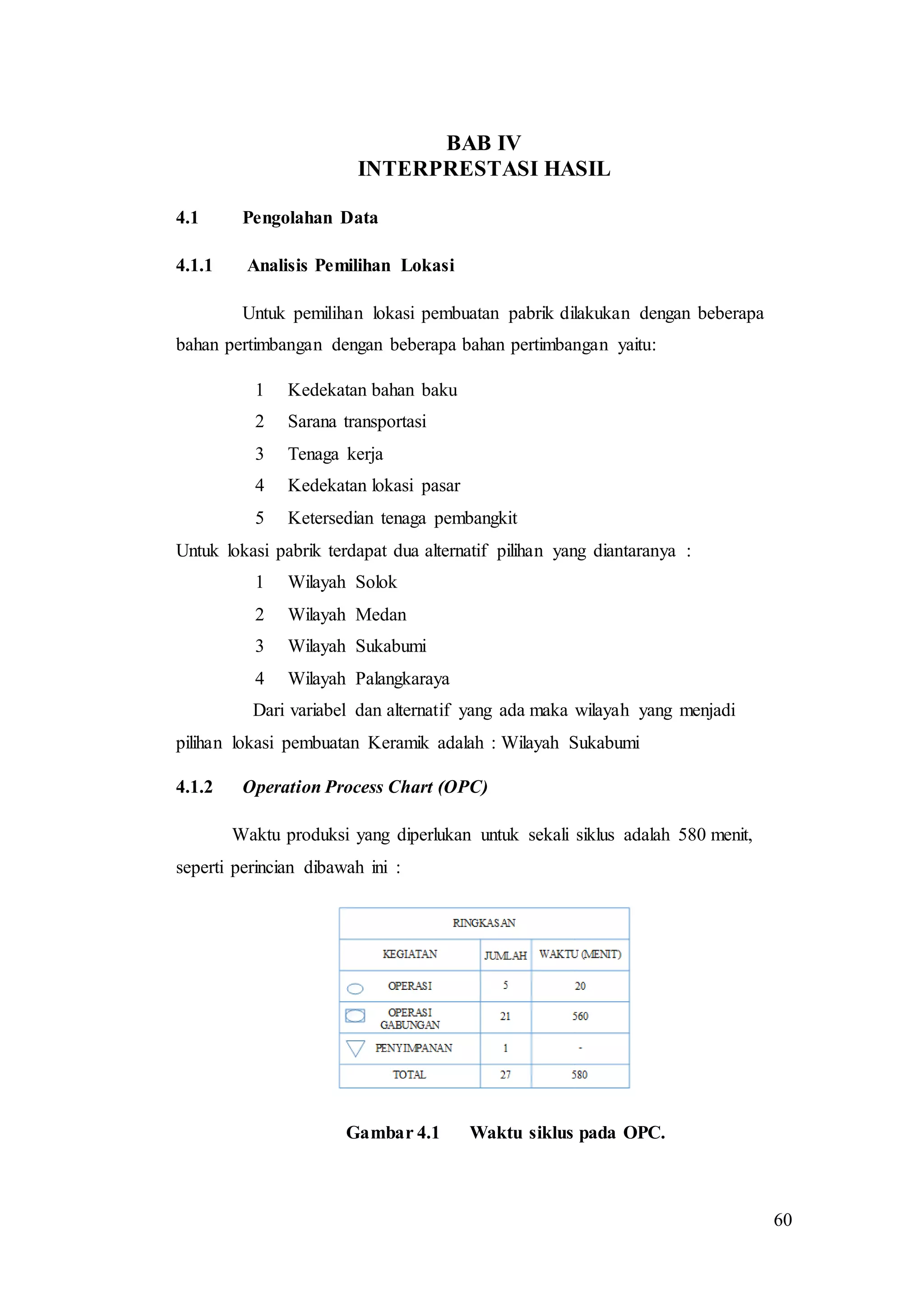 60
BAB IV
INTERPRESTASI HASIL
4.1 Pengolahan Data
4.1.1 Analisis Pemilihan Lokasi
Untuk pemilihan lokasi pembuatan pabrik dilakukan dengan beberapa
bahan pertimbangan dengan beberapa bahan pertimbangan yaitu:
1 Kedekatan bahan baku
2 Sarana transportasi
3 Tenaga kerja
4 Kedekatan lokasi pasar
5 Ketersedian tenaga pembangkit
Untuk lokasi pabrik terdapat dua alternatif pilihan yang diantaranya :
1 Wilayah Solok
2 Wilayah Medan
3 Wilayah Sukabumi
4 Wilayah Palangkaraya
Dari variabel dan alternatif yang ada maka wilayah yang menjadi
pilihan lokasi pembuatan Keramik adalah : Wilayah Sukabumi
4.1.2 Operation Process Chart (OPC)
Waktu produksi yang diperlukan untuk sekali siklus adalah 580 menit,
seperti perincian dibawah ini :
Gambar 4.1 Waktu siklus pada OPC.
 