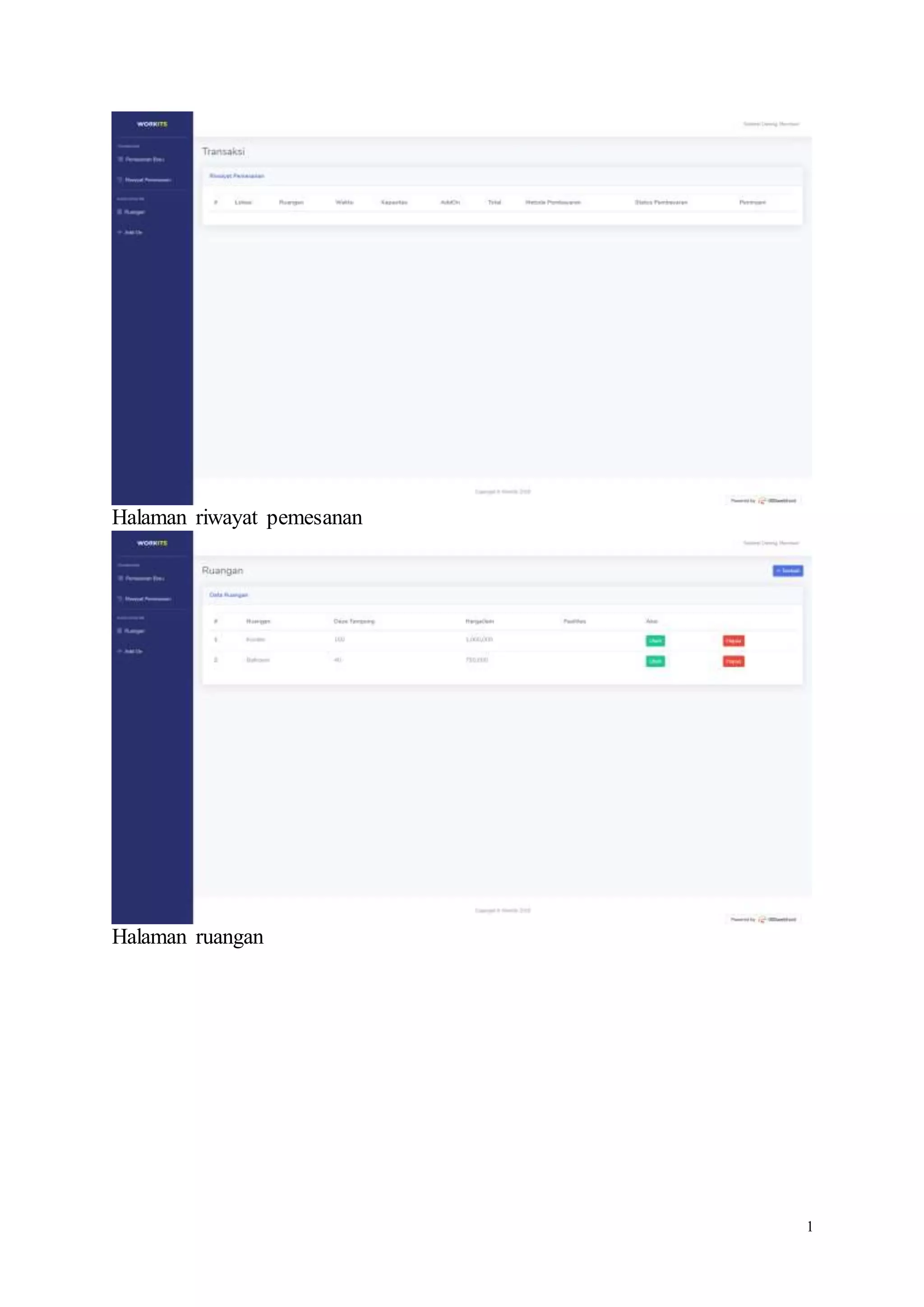 1
Halaman riwayat pemesanan
Halaman ruangan
 
