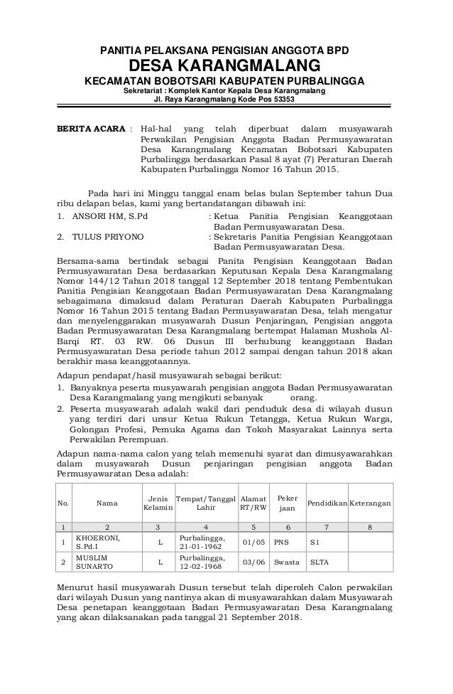 Laporan Hasil Pengisian Keanggotaan Bpd Periode 2018 2024 22102013 CONTOH FORMAT LAPORAN PERTANGGUNGJAWABAN PANITIA PELAKSANA.