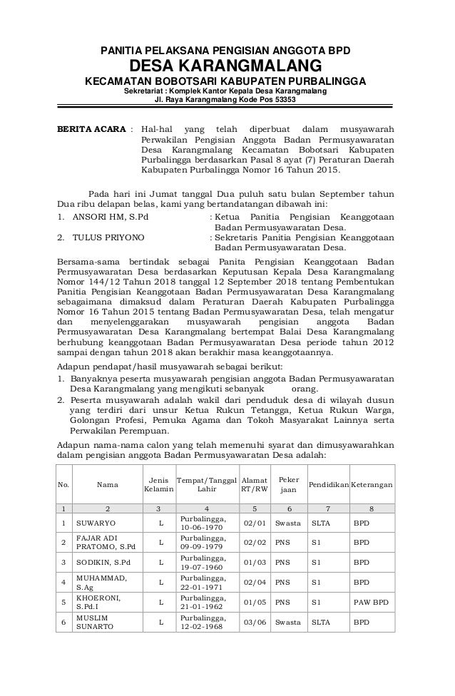 Laporan Hasil Pengisian Keanggotaan Bpd Periode 2018 2024