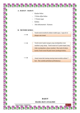 SMK NEGERI 1 REMBANG 11
A. BAHAN – BAHAN
- Kardus bekas
- 3 Gelas aQua bekas
- 3 Tomat segar
- Kulkas
- Alat dokumentasi : Kamera
B. METODE KERJA
- Taruh tomat tersebut ke dalam wadah aqua, 1 aqua di isi
dengan satu tomati
- Taruh tomat I pada ruangan yang mendapatkan sinar
matahari yang cukup. Taruh tomat ke II, pada tempat yang
tidak mendapatkan cahaya matahari. Dan taruh di dalam
kardus.Taruh tomat III pada lemari pendingin/kulkas.
- Amati tomat dari masing masing tomat tersebut selama 7
hari. Dan catatlah perbedaan perbedaannya
BAB IV
HASIL DAN ANALISIS
 