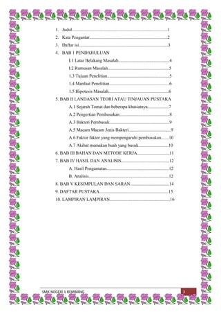 SMK NEGERI 1 REMBANG 3
1. Judul......................................................................................1
2. Kata Pengantar......................................................................2
3. Daftar isi................................................................................3
4. BAB 1 PENDAHULUAN
I.1 Latar Belakang Masalah..............................................4
I.2 Rumusan Masalah.......................................................5
1.3 Tujuan Penelitian........................................................5
1.4 Manfaat Penelitian......................................................6
1.5 Hipotesis Masalah......................................................6
5. BAB II LANDASAN TEORI ATAU TINJAUAN PUSTAKA
A.1 Sejarah Tomat dan beberapa khasiatnya...................7
A.2 Pengertian Pembusukan.............................................8
A.3 Bakteri Pembusuk......................................................9
A.5 Macam Macam Jenis Bakteri......................................9
A.6 Faktor faktor yang mempengaruhi pembusukan.......10
A.7 Akibat memakan buah yang busuk...........................10
6. BAB III BAHAN DAN METODE KERJA.............................11
7. BAB IV HASIL DAN ANALISIS...........................................12
A. Hasil Pengamatan........................................................12
B. Analisis........................................................................12
8. BAB V KESIMPULAN DAN SARAN...................................14
9. DAFTAR PUSTAKA..............................................................15
10. LAMPIRAN LAMPIRAN......................................................16
 