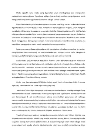 Media spesifik yaitu media yang digunakan unutk mendiagnosis atau menganalisis
metabolisme suatu mikroba. Contohnya adalah Koser’s Citrate medium, yang digunakan untuk
menguji kemampuan menggunakan asam sitrat sebagai sumber karbon.
Identifikasi mikrobayaituUntukmengetahui sifat-sifat morfologi bakteri, maka bakteri dapat
diperiksadalamkeadaanhidupataumati.Pemeriksaanmorfologibakteri ini perlu, untuk mengenal
nama bakteri.Disampingitujugaperlupengenalansifat-sifatfisiologisnyabahkansifat-sifatfisiologis
ini kebanyakan merupakanfaktorterentu dalam mengenal nama spesies suatu bakteri. Sedangkan
konfirmasi mikroba yaitu untuk mengetahui jenis bakteri dan koloninya. Konfirmasi jenis bakteri
dapat menggunakan berbagai pewarnaan, reaksi ensimatis atau reaksi biokimia, terutama jika
identifikasi menggunakan media masih meragukan/belum memuaskan.
Pada umumnyamediayangdigunakanuntukmembiakkan mikroba mengandung air, sumber
energi (protein dan karbohidrat), zat hara (sumber karbon, nitrogen, sulfur, fosfat, oksigen dan
hidrogen), serta faktor penunjang pertumbuhan (seperti asam amino, vitamin).
Suatu media yang memenuhi kebutuhan mikroba untuk bertahan hidup dan melakukan
aktivitasnyasecaranormal diperlukanuntukmelakukanisolasijenismikroba tertentu. Setiap media
spesifik memiliki kandungan senyawa tertentu yang dapat mendukung pertumbuhan mikroba
tertentutetapi menghambatpertumbuhanjenismikrobalainnya. Sebagai contoh Media MCA ( Mac
Conkey Agar) mengandung zat warna yang dapat menghambat pertumbuhan bakteri Gram Positif,
sedangkan bakteri Gram Negatif tetap tumbuh.
Media yang digunakan yaitu MCA (Mac Conkey Agar), Vogel Johnson Agar(VJA), Cetrimide
Agar (CA), Simmon sitrat dan Triple Sugar Iron Agar (TSIA).
Media MacConkeyAgarmempunyai keistimewaanmemilahbakteri enterikgramnegatif yang
memfermentasi laktosa, karena media ini mengandung laktosa, crystal violet dan neutral red bile
salt. Kemampuan E. coli memfermentasi laktosa menyebabkan penurunan pH, sehingga
mempermudahabsorpsi neutralred untukmengubahkoloni menjadi merah bata dan bile/ empedu
diendapkan.Koloni lain (S.aureus;P.aeruginosa danSalmonella), bila tumbuh tidak akan berwarna
karena tidak mampu memfermentasi laktosa. Mikroba lain yang dapat tumbuh pada media ini
antara lain Enterobacter; Proteus; Salmonella; Shigella, Aerobacter; Enterococcus.
Vogel Johnson Agar Medium mengandung mannitol, tellurite dan lithium chloride yang
berperan untuk mengisolasi bakteri yang bersifat koagulase positip, karena semua yang bersifat
koagulase positip akan tumbuh pada media ini. S. aureus mempunyai koloni hitam sebagai akibat
pengendapan hasil reduksi tellurite. Media di sekitar koloni akan berubah menjadi kuning akibat
 
