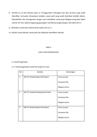 8. Diambil 0,5 ml dari tabung reaksi 10-3
menggunakan mikropipet dan blue tip baru yang sudah
disterilkan. Kemudian dimasukkan kedalam cawan petri yang sudah disterilkan terlebih dahulu.
Ditambahkan NA, homogenkan dengan cara meletakkan cawan petri dibagian yang datar dalam
Lamnar Air Flow Cabinet dogoyang-goyangkan membentuk angka delapan. Beri label NA 10-3
.
9. Diinkubasi cawan petri selama 48 jam pada suhu 37 o
C
10. Setelah 24 jam diamati cawan petri dan dilakukan identifikasi mikroba.
BAB IV
HASIL DAN PEMBAHASAN
4.1 Hasil Pengamatan
4.1.1 Tabel pengamatan media NA sampel air rawa
No Gambar Keterangan
1 NA 10-2
tampak depan (terlampir)  Form:circular
 Elevation:flat
 Margim:entire
2 NA 10-2
tampak belakang (terlampir)  Form:circular
 Elevation:flat
 Margim:entire
3 NA 10-3
tampak depan (terlampir)  Form:circular
 Elevation:flat
 Margim:entire
 
