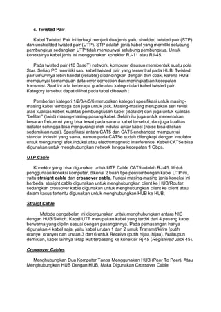 c. Twisted Pair

   Kabel Twisted Pair ini terbagi menjadi dua jenis yaitu shielded twisted pair (STP)
dan unshielded twisted pair (UTP). STP adalah jenis kabel yang memiliki selubung
pembungkus sedangkan UTP tidak mempunyai selubung pembungkus. Untuk
koneksinya kabel jenis ini menggunakan konektor RJ-11 atau RJ-45.

    Pada twisted pair (10 BaseT) network, komputer disusun membentuk suatu pola
Star. Setiap PC memiliki satu kabel twisted pair yang tersentral pada HUB. Twisted
pair umumnya lebih handal (reliable) dibandingkan dengan thin coax, karena HUB
mempunyai kemampuan data error correction dan meningkatkan kecepatan
transmisi. Saat ini ada beberapa grade atau kategori dari kabel twisted pair.
Kategory tersebut dapat dilihat pada tabel dibawah :

    Pemberian kategori 1/2/3/4/5/6 merupakan kategori spesifikasi untuk masing-
masing kabel tembaga dan juga untuk jack. Masing-masing merupakan seri revisi
atas kualitas kabel, kualitas pembungkusan kabel (isolator) dan juga untuk kualitas
“belitan” (twist) masing-masing pasang kabel. Selain itu juga untuk menentukan
besaran frekuensi yang bisa lewat pada sarana kabel tersebut, dan juga kualitas
isolator sehingga bisa mengurangi efek induksi antar kabel (noise bisa ditekan
sedemikian rupa). Spesifikasi antara CAT5 dan CAT5 enchanced mempunyai
standar industri yang sama, namun pada CAT5e sudah dilengkapi dengan insulator
untuk mengurangi efek induksi atau electromagnetic interference. Kabel CAT5e bisa
digunakan untuk menghubungkan network hingga kecepatan 1 Gbps.

UTP Cable

    Konektor yang bisa digunakan untuk UTP Cable CAT5 adalah RJ-45. Untuk
penggunaan koneksi komputer, dikenal 2 buah tipe penyambungan kabel UTP ini,
yaitu straight cable dan crossover cable. Fungsi masing-masing jenis koneksi ini
berbeda, straight cable digunakan untuk menghubungkan client ke HUB/Router,
sedangkan crossover kable digunakan untuk menghubungkan client ke client atau
dalam kasus tertentu digunakan untuk menghubungkan HUB ke HUB.

Straigt Cable

      Metode pengabelan ini dipergunakan untuk menghubungkan antara NIC
dengan HUB/Switch. Kabel UTP merupakan kabel yang terdiri dari 4 pasang kabel
berwarna yang dipilin sesuai dengan pasangannya. Pada pemasangan hanya
digunakan 4 kabel saja, yaitu kabel urutan 1 dan 2 untuk Transmit/kirim (putih
oranye, oranye) dan urutan 3 dan 6 untuk Receive (putih hijau, hijau). Walaupun
demikian, kabel lainnya tetap ikut terpasang ke konektor Rj 45 (Registered Jack 45).

Crossover Cables

  Menghubungkan Dua Komputer Tanpa Menggunakan HUB (Peer To Peer), Atau
Menghubungkan HUB Dengan HUB, Maka Digunakan Crossover Cable
 