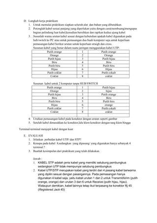 D. Langkah kerja praktikum
      1. Untuk memulai praktikum siapkan seluruh alat dan bahan yang dibutuhkan.
      2. Potonglah kabel sesuai panjang yang diperlukan yaitu dengan cara(membuang)mengupas
         bagian pelindung luar kabel,kenudian bersihkan dan rapikan kedua ujung kabel
      3. Susunlah warna urutan kabel sesuai dengan kebutuhan apakah kabel digunakan pada
         hub/switch ke PC atau untuk pemasangan dua buah komputer saja.untuk keperluan
         pemasangan kabel berikut urutan untuk keperluan straigh dan cross.
         Susunan kabel yang benar dalam suatu jaringan menggunakan kabel UTP:
                     Putih orange                1                Putih orange
                       Orange                    2                  Orange
                      Putih hijau                3                 Putih hijau
                         Biru                    4                    Biru
                      Putih biru                 5                 Putih biru
                        Hijau                    6                   Hijau
                     Putih coklat                7                Putih cokalt
                        Coklat                   8                   coklat

           Susunan kabel untuk 2 komputer tanpa HUB/SWITCH
                     Putih orange                1                Putih hijau
                       Orange                    2                   hijau
                      Putih hijau                3               Putih orange
                         Biru                    4                   Biru
                      Putih biru                 5                Putih biru
                        Hijau                    6                  orange
                     Putih coklat                7               Putih cokalt
                        Coklat                   8                  coklat

       4. Urutkan pemasangan kabel pada konektor dengan urutan seperti gambar
       5. Setelah kabel dimasukkan ke konektor,lalu klem konektor dengan tang klem hingga

Terminal-terminal menjepit kabel dengan kuat

   E. EVALUASI
      1. Jelaskan perbedan kabel UTP/ dan STP?
      2. Kenapa pada kabel 8,sedangkan yang dipasang/ yang digunakan hanya sebanyak 4
         terminal.?
      3. Buatlah kesimpulan dari praktikum yang telah dilakukan.

           Jawab :
           1. KABEL STP adalah jenis kabel yang memiliki selubung pembungkus
              sedangkan UTP tidak mempunyai selubung pembungkus
           2. Kabel UTP/STP merupakan kabel yang terdiri dari 4 pasang kabel berwarna
              yang dipilin sesuai dengan pasangannya. Pada pemasangan hanya
              digunakan 4 kabel saja, yaitu kabel urutan 1 dan 2 untuk Transmit/kirim (putih
              orange, orange) dan urutan 3 dan 6 untuk Receive (putih hijau, hijau).
              Walaupun demikian, kabel lainnya tetap ikut terpasang ke konektor Rj 45
              (Registered Jack 45)
 