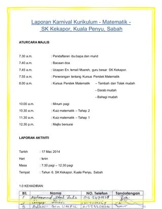 Laporan Karnival Kurikulum - Matematik - 
SK Kekapor, Kuala Penyu, Sabah 
ATURCARA MAJLIS 
7.30 a.m. : Pendaftaran ibu bapa dan murid 
7.40 a.m. : Bacaan doa 
7.45 a.m. : Ucapan En. Ismail Musreh, guru besar SK Kekapor. 
7.55 a.m. : Penerangan tentang Kursus Pendek Matematik 
8.00 a.m. : Kursus Pendek Matematik – Tambah dan Tolak mudah 
- Darab mudah 
- Bahagi mudah 
10.00 a.m. : Minum pagi 
10.30 a.m. : Kuiz matematik – Tahap 2 
11.30 a.m. : Kuiz matematik – Tahap 1 
12.30 p.m. : Majlis bersurai 
LAPORAN AKTIVITI 
Tarikh : 17 Mac 2014 
Hari : Isnin 
Masa : 7.30 pagi – 12.30 pagi 
Tempat : Tahun 6, SK Kekapor, Kuala Penyu, Sabah 
1.0 KEHADIRAN: 
 