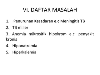 VI. DAFTAR MASALAH
1. Penurunan Kesadaran e.c Meningitis TB
2. TB milier
3. Anemia mikrositik hipokrom e.c. penyakit
kronis
4. Hiponatremia
5. Hiperkalemia
 