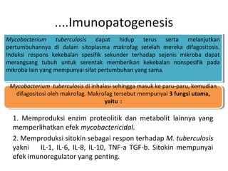 ....Imunopatogenesis
1. Memproduksi enzim proteolitik dan metabolit lainnya yang
memperlihatkan efek mycobactericidal.
2. Memproduksi sitokin sebagai respon terhadap M. tuberculosis
yakni IL-1, IL-6, IL-8, IL-10, TNF-a TGF-b. Sitokin mempunyai
efek imunoregulator yang penting.
Mycobacterium tuberculosis dapat hidup terus serta melanjutkan
pertumbuhannya di dalam sitoplasma makrofag setelah mereka difagositosis.
Induksi respons kekebalan spesifik sekunder terhadap sejenis mikroba dapat
merangsang tubuh untuk serentak memberikan kekebalan nonspesifik pada
mikroba lain yang mempunyai sifat pertumbuhan yang sama.
Mycobacterium tuberculosis dapat hidup terus serta melanjutkan
pertumbuhannya di dalam sitoplasma makrofag setelah mereka difagositosis.
Induksi respons kekebalan spesifik sekunder terhadap sejenis mikroba dapat
merangsang tubuh untuk serentak memberikan kekebalan nonspesifik pada
mikroba lain yang mempunyai sifat pertumbuhan yang sama.
Mycobacterium tuberculosis di inhalasi sehingga masuk ke paru-paru, kemudian
difagositosi oleh makrofag. Makrofag tersebut mempunyai 3 fungsi utama,
yaitu :
Mycobacterium tuberculosis di inhalasi sehingga masuk ke paru-paru, kemudian
difagositosi oleh makrofag. Makrofag tersebut mempunyai 3 fungsi utama,
yaitu :
 