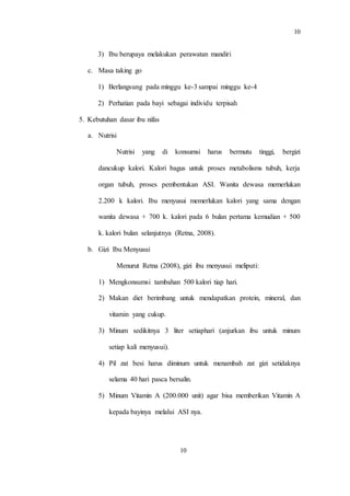 10
10
3) Ibu berupaya melakukan perawatan mandiri
c. Masa taking go
1) Berlangsung pada minggu ke-3 sampai minggu ke-4
2) Perhatian pada bayi sebagai individu terpisah
5. Kebutuhan dasar ibu nifas
a. Nutrisi
Nutrisi yang di konsumsi harus bermutu tinggi, bergizi
dancukup kalori. Kalori bagus untuk proses metabolisms tubuh, kerja
organ tubuh, proses pembentukan ASI. Wanita dewasa memerlukan
2.200 k kalori. Ibu menyusui memerlukan kalori yang sama dengan
wanita dewasa + 700 k. kalori pada 6 bulan pertama kemudian + 500
k. kalori bulan selanjutnya (Retna, 2008).
b. Gizi Ibu Menyusui
Menurut Retna (2008), gizi ibu menyusui meliputi:
1) Mengkonsumsi tambahan 500 kalori tiap hari.
2) Makan diet berimbang untuk mendapatkan protein, mineral, dan
vitamin yang cukup.
3) Minum sedikitnya 3 liter setiaphari (anjurkan ibu untuk minum
setiap kali menyusui).
4) Pil zat besi harus diminum untuk menambah zat gizi setidaknya
selama 40 hari pasca bersalin.
5) Minum Vitamin A (200.000 unit) agar bisa memberikan Vitamin A
kepada bayinya melalui ASI nya.
 