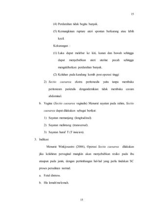15
15
(4) Perdarahan tidak begitu banyak.
(5) Kemungkinan rupture uteri spontan berkurang atau lebih
kecil.
Kekurangan :
(1) Luka dapat melebar ke kiri, kanan dan bawah sehingga
dapat menyebabkan uteri uterine pecah sehingga
mengakibatkan perdarahan banyak.
(2) Keluhan pada kandung kemih post operasi tinggi
2) Sectio caesarea ekstra peritonealis yaitu tanpa membuka
peritoneum parietalis dengandemikian tidak membuka cavum
abdominal.
b. Vagina (Sectio caesarea vaginalis) Menurut sayatan pada rahim, Sectio
caesarea dapat dilakukan sebagai berikut:
1) Sayatan memanjang (longitudinal).
2) Sayatan melintang (transversal).
3) Sayatan huruf T (T insicion).
3. Indikasi
Menurut Winkjosastro (2006), Operasi Sectio caesarea dilakukan
jika kelahiran pervaginal mungkin akan menyebabkan resiko pada ibu
ataupun pada janin, dengan pertimbangan hal-hal yang perlu tindakan SC
proses persalinan normal.
a. Fetal distress.
b. His lemah/melemah.
 