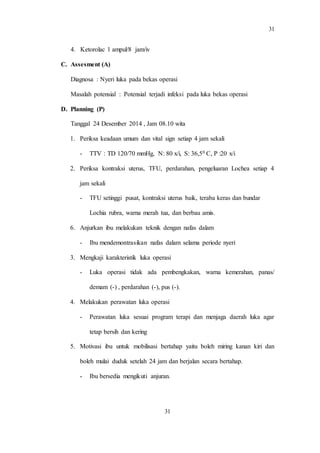 31
31
4. Ketorolac 1 ampul/8 jam/iv
C. Assesment (A)
Diagnosa : Nyeri luka pada bekas operasi
Masalah potensial : Potensial terjadi infeksi pada luka bekas operasi
D. Planning (P)
Tanggal 24 Desember 2014 , Jam 08.10 wita
1. Periksa keadaan umum dan vital sign setiap 4 jam sekali
- TTV : TD 120/70 mmHg, N: 80 x/i, S: 36,50 C, P :20 x/i
2. Periksa kontraksi uterus, TFU, perdarahan, pengeluaran Lochea setiap 4
jam sekali
- TFU setinggi pusat, kontraksi uterus baik, teraba keras dan bundar
Lochia rubra, warna merah tua, dan berbau amis.
6. Anjurkan ibu melakukan teknik dengan nafas dalam
- Ibu mendemontrasikan nafas dalam selama periode nyeri
3. Mengkaji karakteristik luka operasi
- Luka operasi tidak ada pembengkakan, warna kemerahan, panas/
demam (-) , perdarahan (-), pus (-).
4. Melakukan perawatan luka operasi
- Perawatan luka sesuai program terapi dan menjaga daerah luka agar
tetap bersih dan kering
5. Motivasi ibu untuk mobilisasi bertahap yaitu boleh miring kanan kiri dan
boleh mulai duduk setelah 24 jam dan berjalan secara bertahap.
- Ibu bersedia mengikuti anjuran.
 