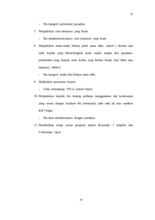 35
35
- Ibu mengerti perawatan payudara
7. Menjelaskan cara menyusui yang benar
- Ibu mendemonstrasikan cara menyusui yang benar
8. Menjelaskan tanda-tanda bahaya pada masa nifas, seperti ( demam dan
sakit kepala yang hebat,bengkak pada wajah, tangan dan payudara,
perdarahan yang banyak serta lochea yang berbau busuk, bayi tidak mau
menyusu, infeksi)
- Ibu mengerti tanda dan bahaya masa nifas
9. Melakukan perawatan kateter
- Urine tertampung 350 cc, kateter lancer
10. Menjelaskan kepada ibu tentang perlunya menggunakan alat kontrasepsi
yang sesuai dengan keadaan ibu (menyusui) yaitu mini pil atau suntikan
KB 3 bulan
- Ibu akan membicarakan dengan suaminya.
11. Memberikan terapi sesuai program: injeksi Ketorolac 1 ampul/iv dan
Cefotaxime 1gr/iv
 