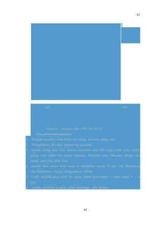 63
63
(A) ( (B)
(Sumber : Jumiarni, dkk, 1995, hal 30-31)
Cara perawatan payudara
1. Menjaga payudara tetap bersih dan kering, terutama puting susu
2. Menggunakan BH yang menyokong payudara
3. Apabila puting susu lecet oleskan kolostrum atau ASI yang keluar pada sekitar
puting susu setiap kali selesai menyusui. Menyusui tetap dilakukan dimulai dari
puting susu yang tidak lecet
4. Apabila lecet sangat berat dapat di istirahatkan selama 24 jam. ASI dikeluarkan
dan diminumkan dengan menggunakan sendok
5. Untuk menghilangkan nyeri ibu dapat minum parasetamol 1 tablet setiap 4 – 6
jam.
6. Apabila payudara bengkak akibat bendungan ASI, lakukan :
 