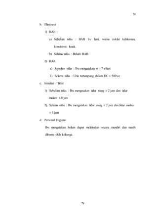 79
79
b. Eliminasi
1) BAB :
a) Sebelum nifas : BAB 1x/ hari, warna coklat kehitaman,
konsistensi lunak.
b) Selama nifas : Belum BAB
2) BAK
a) Sebelum nifas : Ibu mengatakan 6 – 7 x/hari
b) Selama nifas : Urin tertampung dalam DC ± 500 cc
c. Istirahat / Tidur
1) Sebelum nifas : Ibu mengatakan tidur siang ± 2 jam dan tidur
malam ± 8 jam
2) Selama nifas : Ibu mengatakan tidur siang ± 2 jam dan tidur malam
± 6 jam
d. Personal Higyene
Ibu mengatakan belum dapat melakukan secara mandiri dan masih
dibantu oleh keluarga.
 