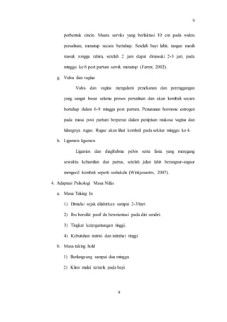 9
9
perbentuk cincin. Muara serviks yang berlaktasi 10 cm pada waktu
persalinan, menutup secara bertahap. Setelah bayi lahir, tangan masih
masuk rongga rahim, setelah 2 jam dapat dimasuki 2-3 jari, pada
minggu ke 6 post partum servik menutup (Farrer, 2002).
g. Vulva dan vagina
Vulva dan vagina mengalami penekanan dan perenggangan
yang sangat besar selama proses persalinan dan akan kembali secara
bertahap dalam 6-8 minggu post partum. Penurunan hormone estrogen
pada masa post partum berperan dalam penipisan mukosa vagina dan
hilangnya rugae. Rugae akan lihat kembali pada sekitar minggu ke 4.
h. Ligamen-ligamen
Ligamen dan diagfrahma pelvis serta fasia yang meregang
sewaktu kehamilan dan partus, setelah jalan lahir berangsur-angsur
mengecil kembali seperti sediakala (Winkjosastro, 2007).
4. Adaptasi Psikologi Masa Nifas
a. Masa Taking In
1) Dimulai sejak dilahirkan sampai 2-3 hari
2) Ibu bersifat pasif dn berorientasi pada diri sendiri.
3) Tingkat ketergantungan tinggi.
4) Kebutuhan nutrisi dan istirahat tinggi
b. Masa taking hold
1) Berlangsung sampai dua minggu
2) Klien mulai tertarik pada bayi
 