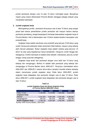 Mata Kuliah Kependudukan (TKP 509) 2013
Pengaruh Pertumbuhan Penduduk dan Ketersediaan Tenaga Kerja terhadap
Jumlah Pengangguran di Provinsi Banten 8
jumlah penduduk dengan umur di atas 15 tahun meningkat pesat. Banyaknya
migran yang masuk dikarenakan Provinsi Banten dianggap sebagai wilayah yang
menjanjikan pekerjaan.
2. Jumlah angkatan kerja
Meningkatnya jumlah penduduk khususnya usia di atas 15 tahun yang sangat
pesat baik karena pertambahan jumlah penduduk asli maupun karena adanya
penduduk pendatang, sangat berpengaruh terhadap ketersediaan angkatan kerja di
Provinsi Banten. Hal ini dikarenakan usia 15 tahun keatas tersebut merupakan usia
produktif kerja.
Angkatan kerja adalah penduduk usia produktif yang berusia 15-64 tahun yang
sudah mempunyai pekerjaan tetapi sementara tidak bekerja, maupun yang sedang
aktif mencari pekerjaan. Bukan angkatan kerja adalah mereka yang berumur 15
tahun ke atas yang kegiatannya hanya bersekolah, mengurus rumah tangga dan
sebagainya. Contoh kelompok ini adalah anak sekolah, mahasiswa, para ibu rumah
tangga, orang cacat dan sebagainya.
Angkatan kerja terdiri dari penduduk dengan umur lebih dari 15 tahun yang
bekerja dan menganggur. Berikut ini adalah data penduduk yang bekerja dan
menganggur di Provinsi Banten tahun 2004-2011. Penyusun memisahkan tahun
2004-2007 dan 2008-2011 karena tahun-tahun tersebut memiliki kriteria berbeda
dalam menentukan jumlah angkatan kerja. Pada tahun 2004-2007, jumlah
angkatan kerja didapatkan dari penduduk dengan usia di atas 10 tahun. Pada
tahun 2008-2011, jumlah angkatan kerja didapatkan dari penduduk dengan usia di
atas 15 tahun.
Tabel 3.3
Jumlah Angkatan Kerja dan Bukan Angkatan Kerja
di Provinsi Banten 2004-2007 (Jiwa)
2004 2005 2006 2007
Pddk >10 thn 7,126,446 7,416,695 7,460,468 6,522,900
Angkatan Kerja
Bekerja 3,161,970 3,461,508 3,333,495 3,383,661
Pengangguran 765,747 661,618 890,489 632,762
Bukan Angkatan Kerja 3,198,729 3,293,569 3,236,484 2,506,477
Sumber: BPS Provinsi Banten, 2004-2007
 