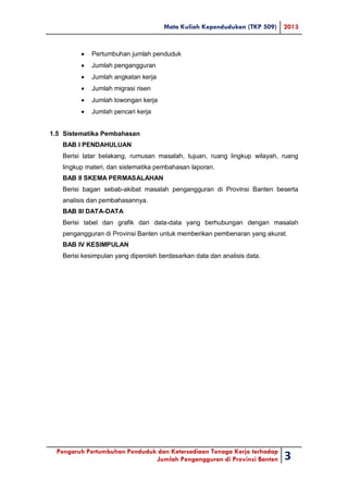 Mata Kuliah Kependudukan (TKP 509) 2013
Pengaruh Pertumbuhan Penduduk dan Ketersediaan Tenaga Kerja terhadap
Jumlah Pengangguran di Provinsi Banten 3
 Pertumbuhan jumlah penduduk
 Jumlah pengangguran
 Jumlah angkatan kerja
 Jumlah migrasi risen
 Jumlah lowongan kerja
 Jumlah pencari kerja
1.5 Sistematika Pembahasan
BAB I PENDAHULUAN
Berisi latar belakang, rumusan masalah, tujuan, ruang lingkup wilayah, ruang
lingkup materi, dan sistematika pembahasan laporan.
BAB II SKEMA PERMASALAHAN
Berisi bagan sebab-akibat masalah pengangguran di Provinsi Banten beserta
analisis dan pembahasannya.
BAB III DATA-DATA
Berisi tabel dan grafik dari data-data yang berhubungan dengan masalah
pengangguran di Provinsi Banten untuk memberikan pembenaran yang akurat.
BAB IV KESIMPULAN
Berisi kesimpulan yang diperoleh berdasarkan data dan analisis data.
 