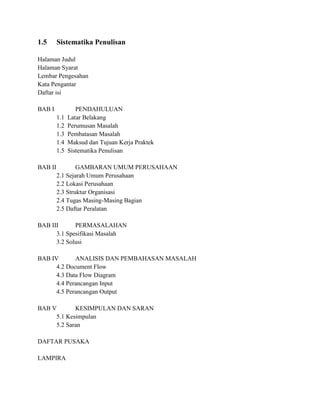 1.5      Sistematika Penulisan

Halaman Judul
Halaman Syarat
Lembar Pengesahan
Kata Pengantar
Daftar isi

BAB I             PENDAHULUAN
         1.1   Latar Belakang
         1.2   Perumusan Masalah
         1.3   Pembatasan Masalah
         1.4   Maksud dan Tujuan Kerja Praktek
         1.5   Sistematika Penulisan

BAB II           GAMBARAN UMUM PERUSAHAAN
         2.1 Sejarah Umum Perusahaan
         2.2 Lokasi Perusahaan
         2.3 Struktur Organisasi
         2.4 Tugas Masing-Masing Bagian
         2.5 Daftar Peralatan

BAB III      PERMASALAHAN
      3.1 Spesifikasi Masalah
      3.2 Solusi

BAB IV       ANALISIS DAN PEMBAHASAN MASALAH
      4.2 Document Flow
      4.3 Data Flow Diagram
      4.4 Perancangan Input
      4.5 Perancangan Output

BAB V       KESIMPULAN DAN SARAN
     5.1 Kesimpulan
     5.2 Saran

DAFTAR PUSAKA

LAMPIRA
 