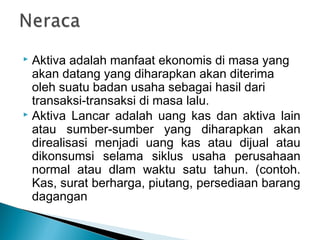  Aktiva adalah manfaat ekonomis di masa yang 
akan datang yang diharapkan akan diterima 
oleh suatu badan usaha sebagai hasil dari 
transaksi-transaksi di masa lalu. 
 Aktiva Lancar adalah uang kas dan aktiva lain 
atau sumber-sumber yang diharapkan akan 
direalisasi menjadi uang kas atau dijual atau 
dikonsumsi selama siklus usaha perusahaan 
normal atau dlam waktu satu tahun. (contoh. 
Kas, surat berharga, piutang, persediaan barang 
dagangan 
 
