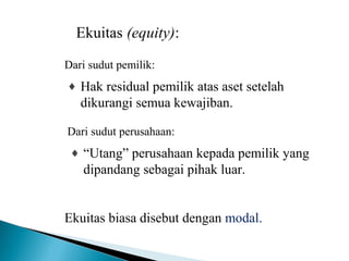 Ekuitas (equity): 
Dari sudut pemilik: 
¨ Hak residual pemilik atas aset setelah 
dikurangi semua kewajiban. 
Dari sudut perusahaan: 
¨ “Utang” perusahaan kepada pemilik yang 
dipandang sebagai pihak luar. 
Ekuitas biasa disebut dengan modal. 
 