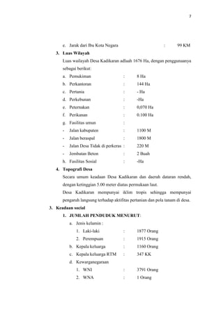 7
e. Jarak dari Ibu Kota Negara : 99 KM
3. Luas Wilayah
Luas wailayah Desa Kadikaran adlaah 1676 Ha, dengan penggunaanya
sebagai berikut:
a. Pemukiman : 8 Ha
b. Perkantoran : 144 Ha
c. Pertania : - Ha
d. Perkebunan : -Ha
e. Peternakan : 0,070 Ha
f. Perikanan : 0.100 Ha
g. Fasilitas umun :
- Jalan kabupaten : 1100 M
- Jalan beraspal : 1800 M
- Jalan Desa Tidak di perkeras : 220 M
- Jembatan Beton : 2 Buah
h. Fasilitas Sosial : -Ha
4. Topografi Desa
Secara umum keadaan Desa Kadikaran dan daerah dataran rendah,
dengan ketinggian 5.00 meter diatas permukaan laut.
Desa Kadikaran mempunyai iklim tropis sehingga mempunyai
pengaruh langsung terhadap aktifitas pertanian dan pola tanam di desa.
3. Keadaan social
1. JUMLAH PENDUDUK MENURUT:
a. Jenis kelamin :
1. Laki-laki : 1877 Orang
2. Perempuan : 1915 Orang
b. Kepala keluarga : 1160 Orang
c. Kepala keluarga RTM : 347 KK
d. Kewarganegaraan
1. WNI : 3791 Orang
2. WNA : 1 Orang
 