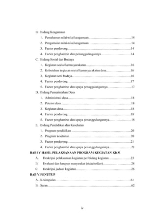 iv
B. Bidang Keagamaan
1. Pemahaman nilai-nilai keagamaan…………………………………..14
2. Pengamalan nilai-nilai keagamaan…………………………………..14
3. Factor pendorong……………………………………………………14
4. Factor penghambat dan penanggulangannya………………………..14
C. Bidang Sosial dan Budaya
1. Kegiatan social kemasyarakatan…………………………………….16
2. Kebutuhan kegiatan social kemasyarakatan desa…………………...16
3. Kegiatan seni budaya………………………………………………..16
4. Factor pendorong……………………………………………………17
5. Factor penghambat dan upaya penaggulangannya…………………..17
D. Bidang Pemerintahan Desa
1. Administrasi desa……………………………………………………18
2. Potensi desa………………………………………………………….18
3. Kegiatan desa………………………………………………………..18
4. Factor pendorong……………………………………………………18
5. Factor penghambat dan upaya penanggulangannya…………………18
E. Bidang Pendidikan dan Kesehatan
1. Program pendidikan ………………………………………………...20
2. Program kesehatan…………………………………………………..20
3. Factor pendorong……………………………………………………21
4. Factor penghambat dan upaya penanggulangannya…………………21
BAB IV HASIL PELAKSANAAN PROGRAM KEGIATAN KKM
A. Deskripsi pelaksanaan kegiatan per bidang kegiatan…………………23
B. Evaluasi dan harapan masyarakat (stakeholder)………………………24
C. Deskripsi jadwal kegiatan……………………………………………..26
BAB V PENUTUP
A. Kesimpulan……………………………………………………………...61
B. Saran……………………………………………………………………..62
 