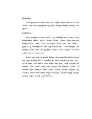 Kesimpulan: 
Lemak yang larut di dalam aseton yaitu minyak kelapa, asam asetat, asam 
stearat, asam oleat. Sedangkan yang tidak larutnya margarin, mentega, dan 
gliserol 
Pembahasan : 
Dalam pengujian kelarutan lemak yang dilakukan oleh kelompok kami 
menggunakan pelarut Aseton tampak bahwa ketujuh bahan (margarin, 
mentega,minyak kelapa, Asam asetat,Asam stearat,Asam Oleat, gliserol ) 
yang di uji menampakkan hasil yang berbeda-beda. Untuk margarin, dan 
mentega sendiri ketika saat pengujian, tampak bahwa margarin tidak larut 
dalam senyawa pelarut aseton. 
Seperti yang telah kita ketahui, bahwa lemak hanya larut dalam senyawa 
non polar sehingga ketika dimasukan ke dalam pelarut non polar seperti 
aseton maka yang terjadi yakni lemak akan larut. Untuk margarin dan 
mentega, kedua bahan tesebut larut sebagian dan terbentuk suspensi. Hal 
tersebut terjadi mungkin karena jumlah mentega maupun margarin yang 
dilarutkan sedikit dibandingkan dengan pelarutnya (aseton) sehingga sebagian 
margari maupun mentega dapat dilarutkan. 
 